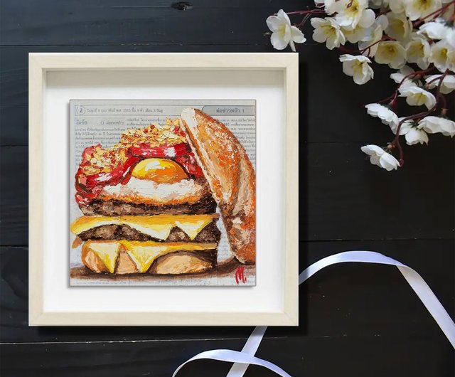 タイ ハンバーガーの絵 ファーストフード オリジナルアート 目玉焼き