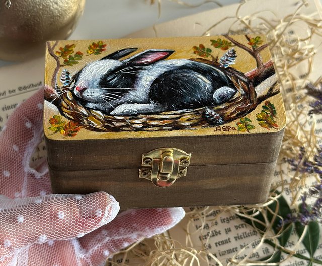 スロバキア 手描き木箱 うさぎ、ミニ収納ボックス うさぎ、宝石箱