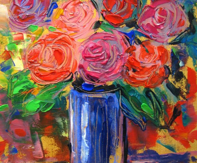 ラトビア 金色の背景の壁の装飾に描かれた抽象的なバラの花の厚塗りの