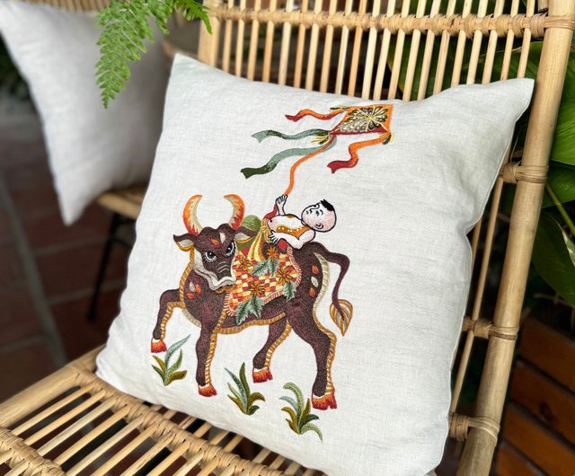 送料無料 20%OFF】ベトナム 手刺繍リネンクッションカバー：ベトナム