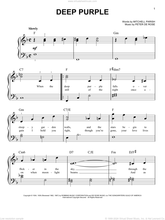 Deep Purple sheet music for piano solo (PDF-interactive)