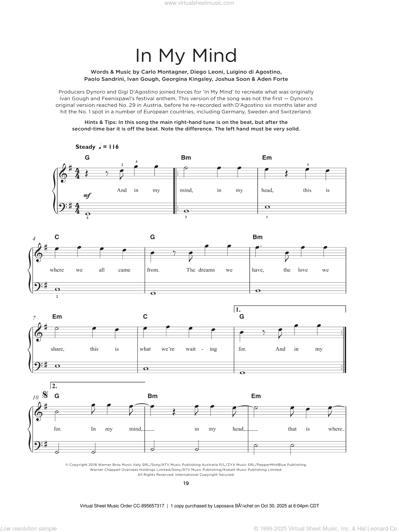 In My Mind sheet music for piano solo (PDF)