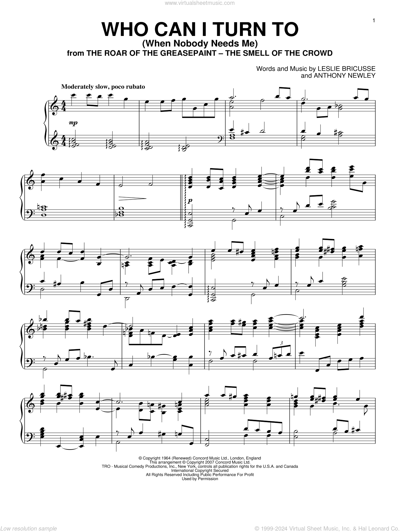 Who Can I Turn To (When Nobody Needs Me), (intermediate) sheet