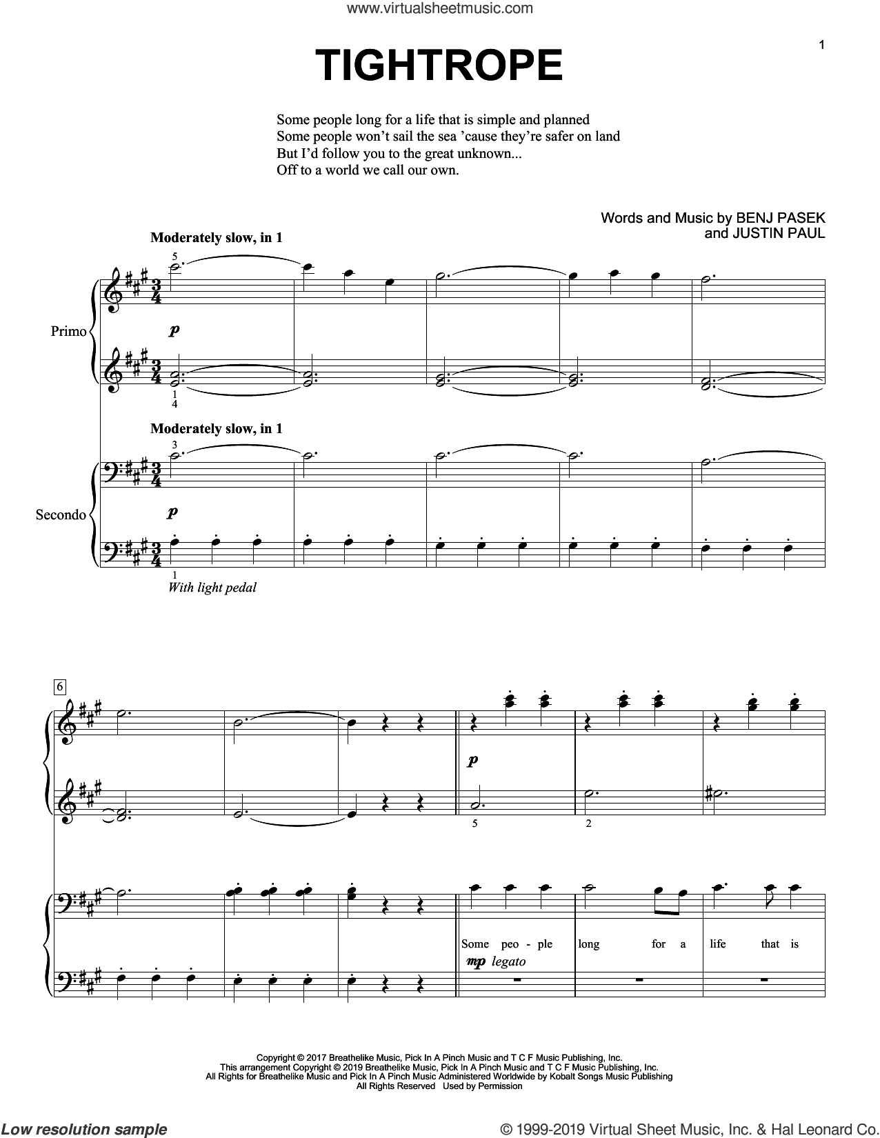 Tightrope (from The Greatest Showman) sheet music for piano four hands