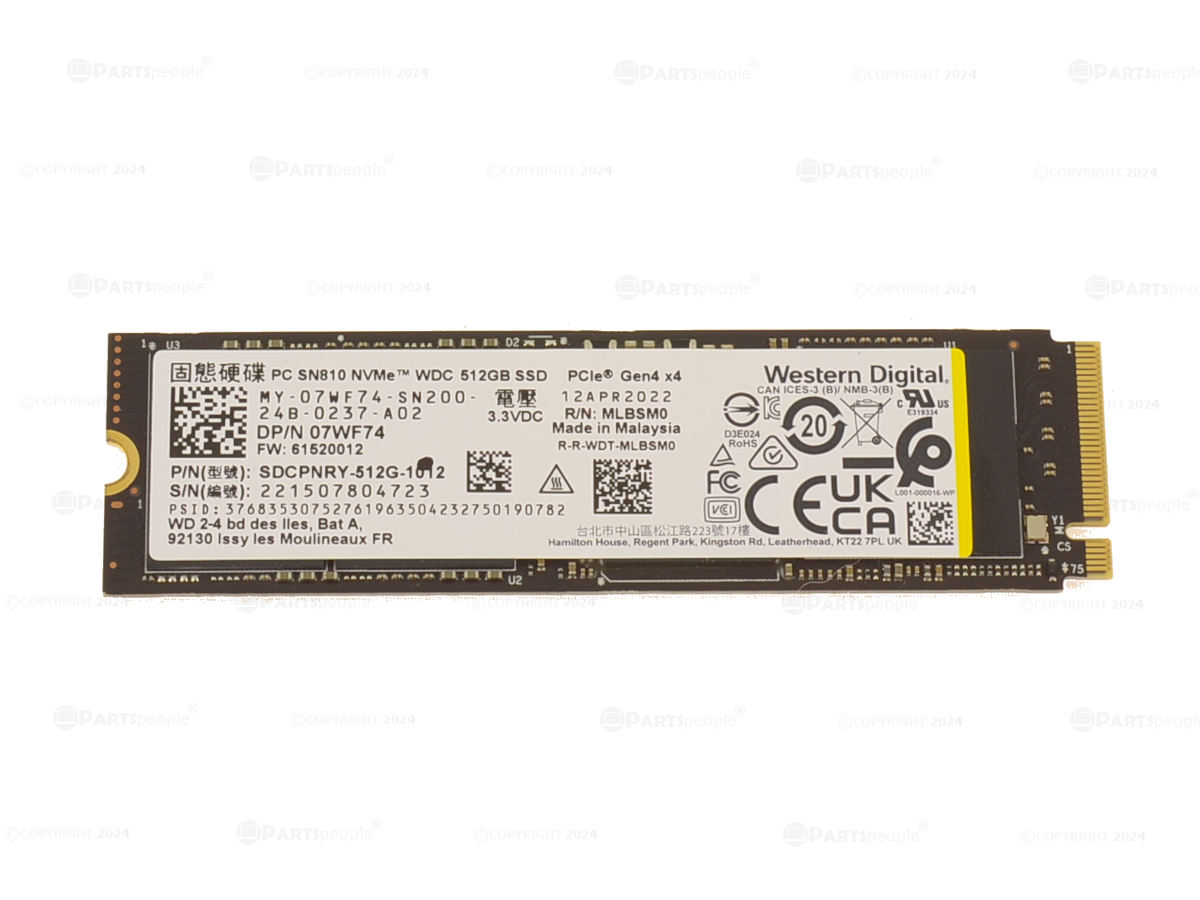 Western Digital SN810 512GB NVMe PCIE SSD Hard Drive 7WF74