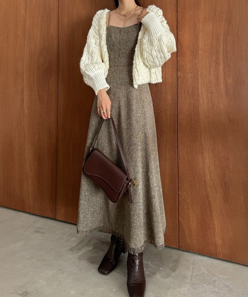 セール】[薄手]裾フリンジツイードフレアキャミワンピース（ワンピース