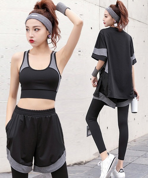 フィットネス4点セット】レディース ヨガウェア ブラ+ショートパンツ+T