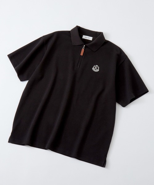 鹿の子ハーフジップエンブレムワンポイント刺繍ポロシャツ MONO-MART