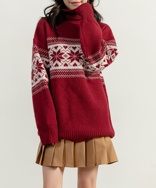 セール】レディース ノルディック柄タートルネックニットセーター