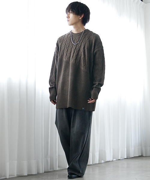 MinoriTY】アシンメトリー7G斜め編みロング丈ニットセーター メンズ 袖