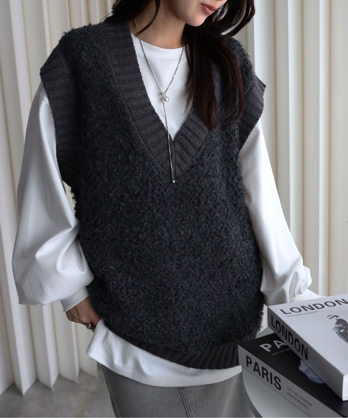 セール】【プードルニットオーバーベスト】Vネックニットベスト/ファー