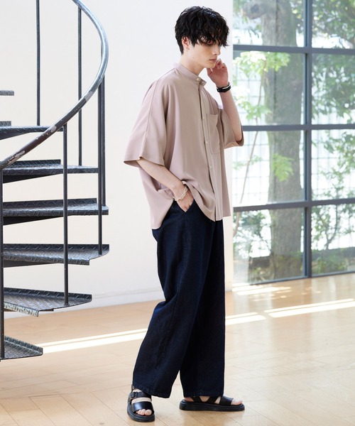 綾トロミ ドレープドルマン ハーフスリーブバンドカラーシャツ 2023SS