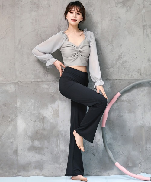 レディース 長袖きれいめフリルヨガウェアトップス+ハイウエスト