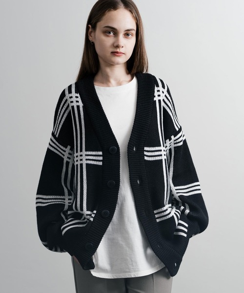 オーバーサイズ 7G総柄Vネックニットカーディガン アーガイル柄