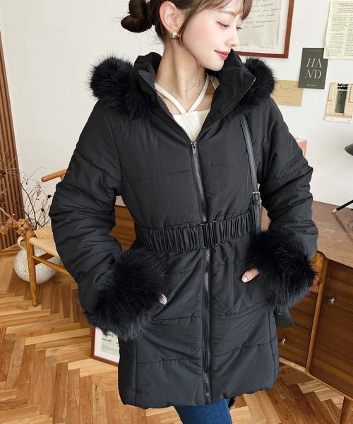 セール】ウェストベルト付きフードファーダウンコート（ダウン