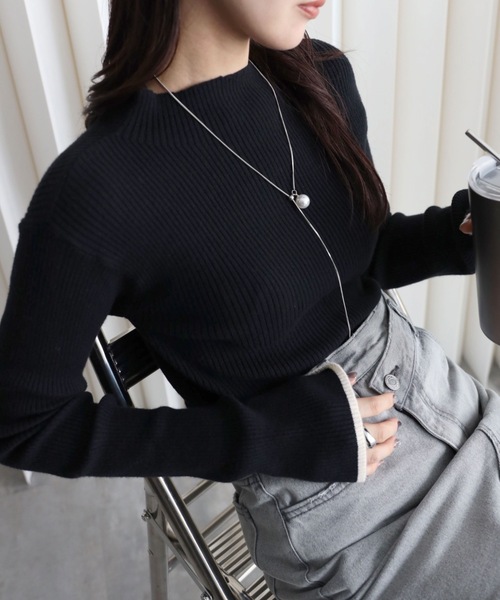 セール】袖配色スリットリブハイネックニット（ニット/セーター