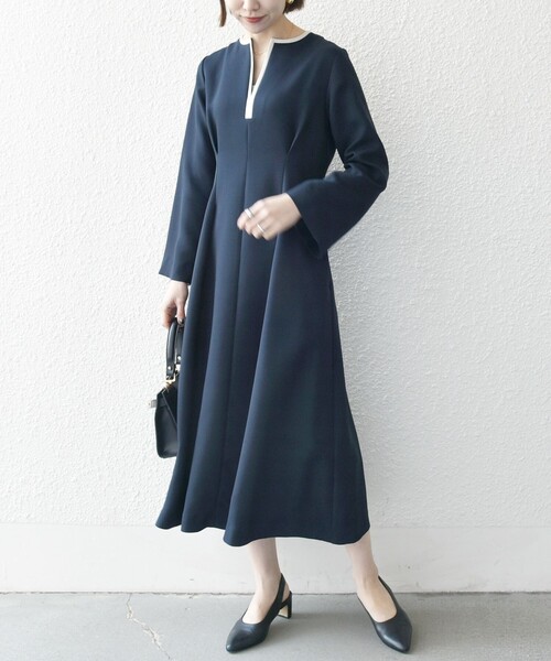 SHIPS any: ダブルクロス ウエスト タック Aライン ワンピース ［NAVY