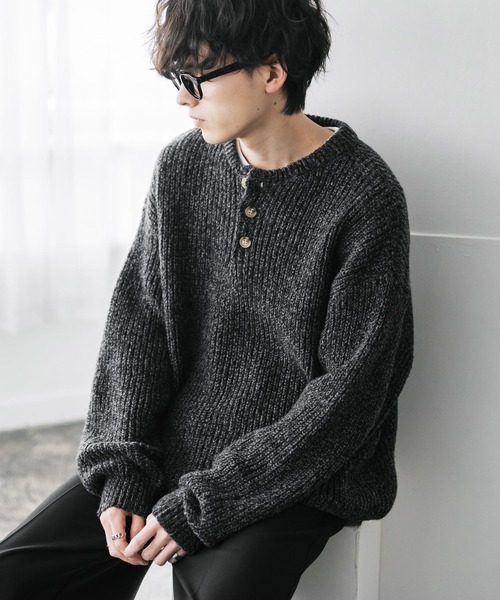 セール】新色追加 オーバーサイズ畦編みヘンリーネックニットセーター