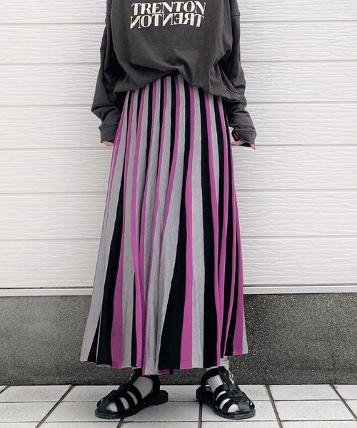 SY32 ニットスカート ピンク/黒 ミラノリブナローニットスカート