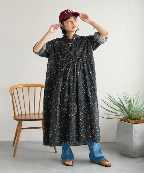 インド ピンタックワンピース/マオカラーシャツワンピース（ワンピース