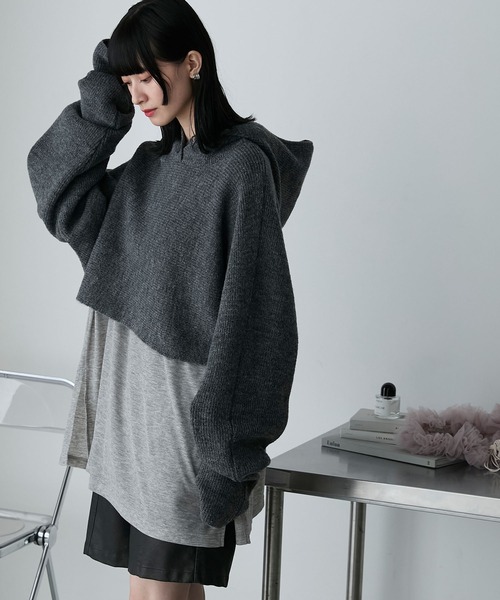 forksy.】クロップド丈フーディフィンガーホールニット/マフラー