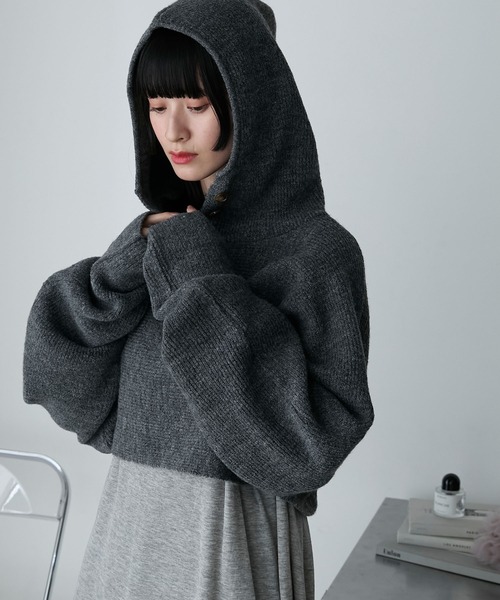 forksy.】クロップド丈フーディフィンガーホールニット/マフラー