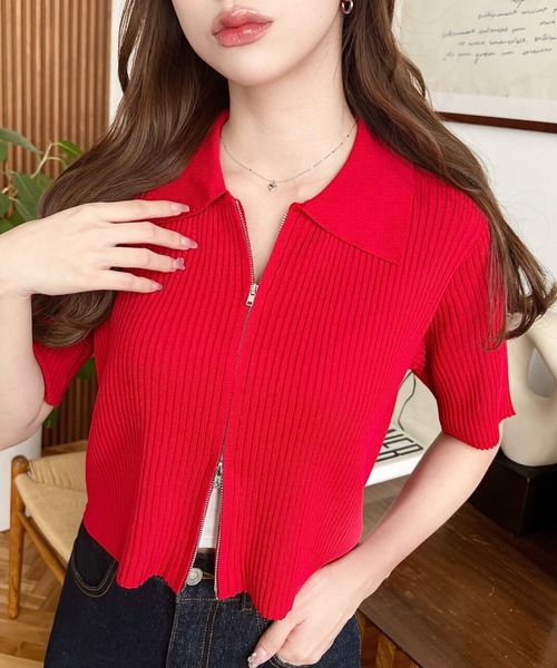 moment+（モーメントプラス）の「Wジップ衿付き半袖ニットカーディガン