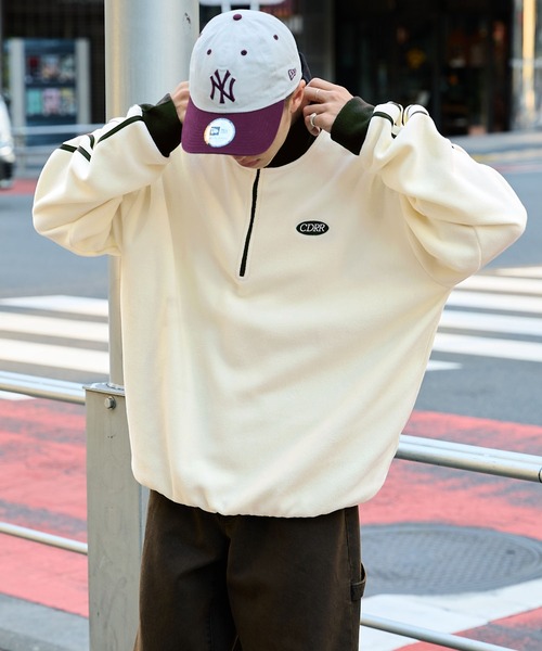 CODDERR】配色 ロゴ刺繍フリースアノラックハーフジッププルオーバー