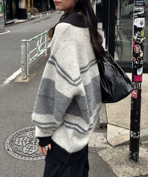 セール】【新色追加/無地&ボーダー/6色展開】ボーダージップニット