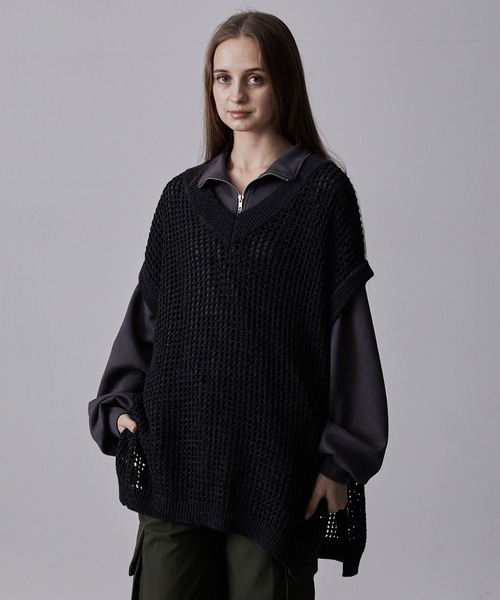 CLEL】Watermark Knitting Loose Mesh Vest/透かし編み ルーズ