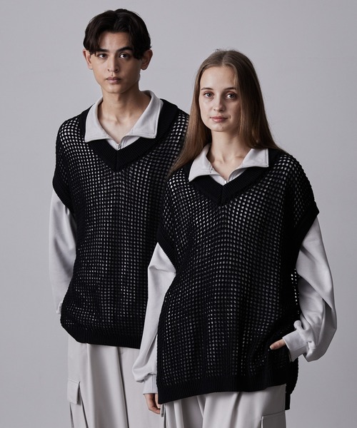 CLEL】Watermark Knitting Loose Mesh Vest/透かし編み ルーズ