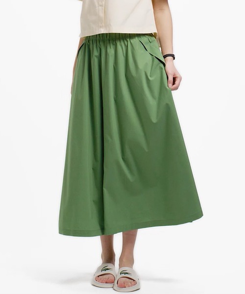 ストレッチタイプライター ギャザー フレアスカート マキシ丈