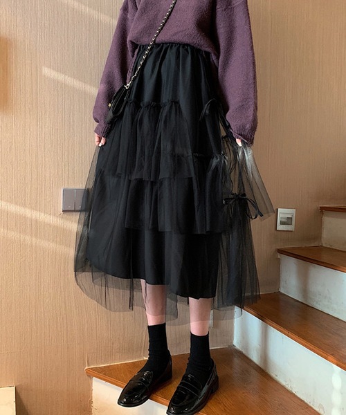 チャコット ウエストフリルチュールスカート 黒 ＊ ロングスカート