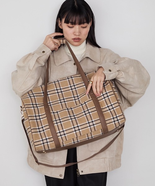 forksy.】チェック柄2wayビッグショルダートラベルボストンバッグ