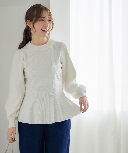 ケーブル編みペプラムニットプルオーバー（ニット/セーター