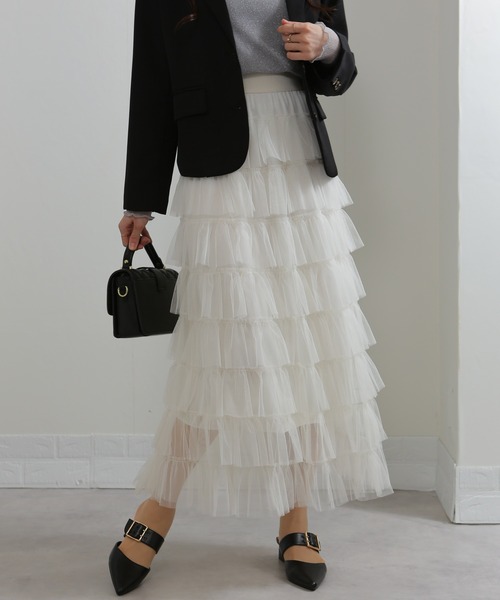 セール】段フリルのチュールロングスカート（スカート）｜pumpkin port