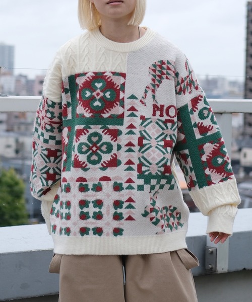 セール】HOOK -original- 北欧模様パッチワーク風ニット (AW)（ニット