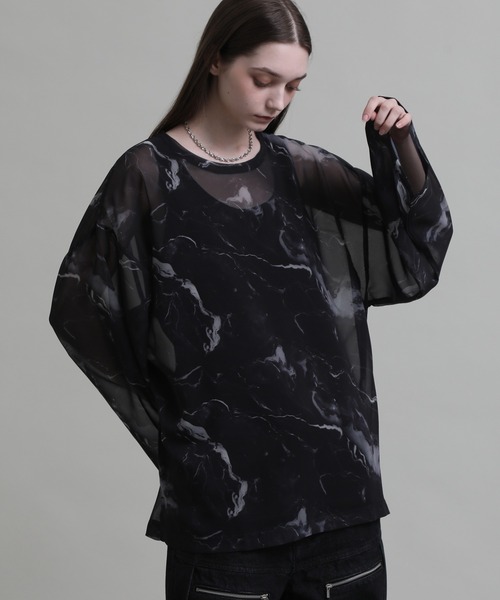 ELLUV/エルヴ】シルキーシフォンシアー マーブルフレアスリーブロンT