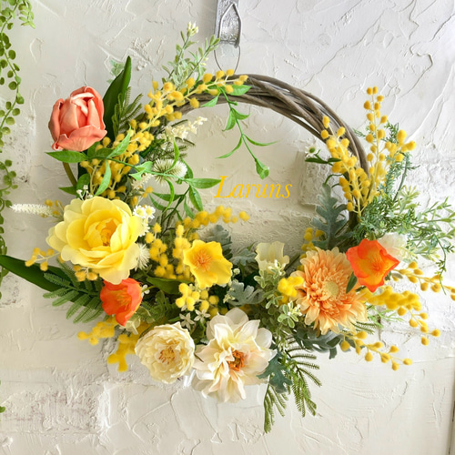ミモザハンドメイド2025 春ミモザとイエローチューリップの特大リース