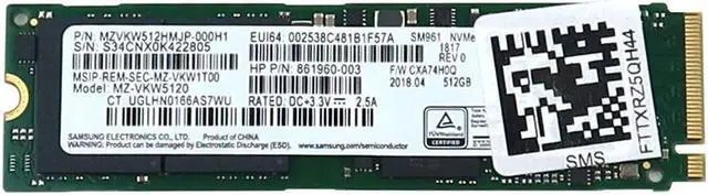 MZ-VKW5120 Samsung SM961 512GB M.2 2280 Nvme SSD 861960-003