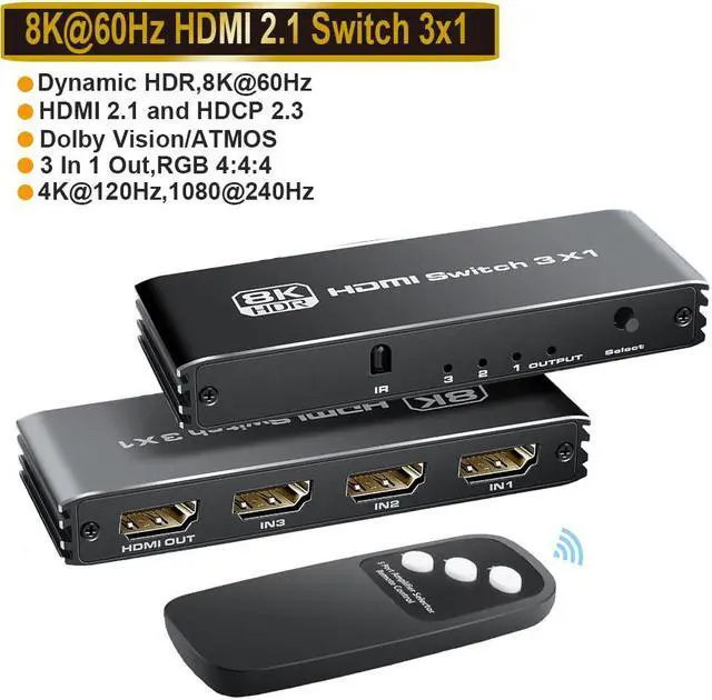 3 in 1 Out HDMI 2.1 Switch, Ultra HD 8K HDMI Switch Box with