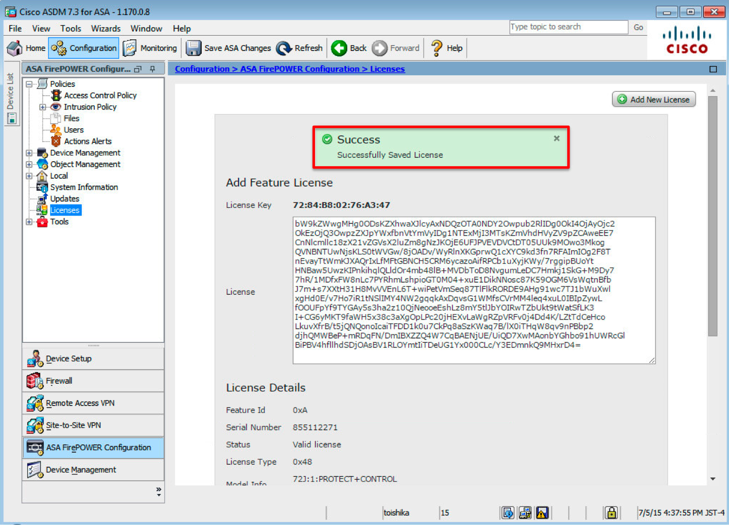 FirePOWER ライセンスの適用・確認方法(ASA5506-X, ASA5508-X, ASA5516