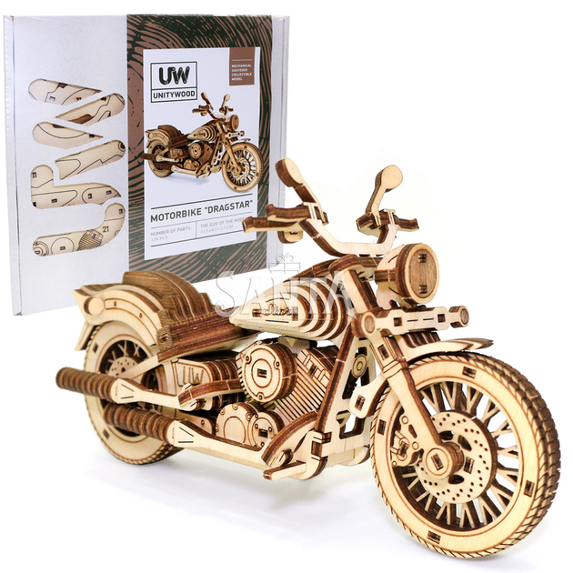 Деревянный 3D конструктор Мотоцикл DragStar UnityWood 129 деталей