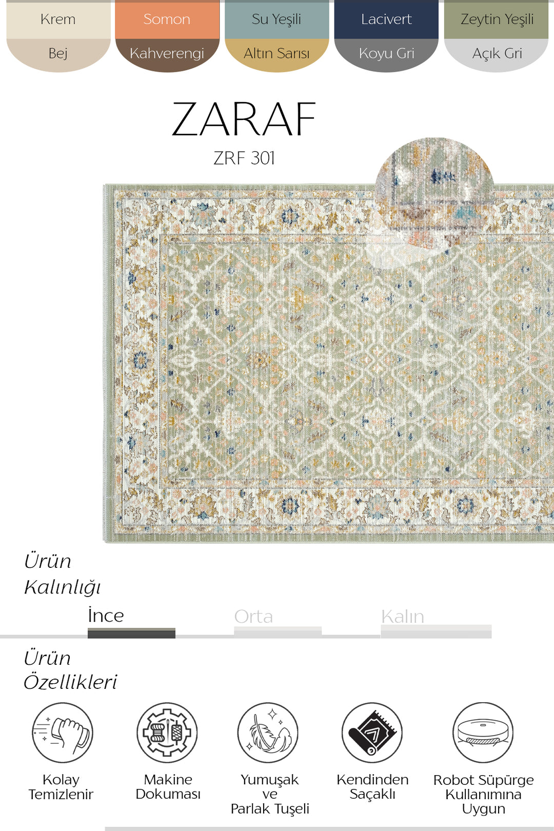 Cool Halı Zaraf 301 Krem Yeşil Vintage Halı | Cool Halı