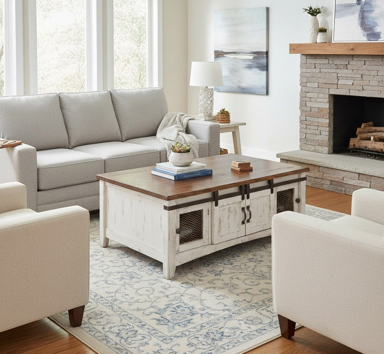 Distressed White Coffee Table Solid Wood Industrial Farmhouse