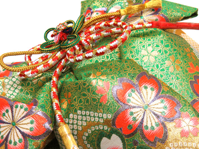 結び帯 七五三 7歳 女の子 金襴生地の作り帯 単品【緑×金、桜】