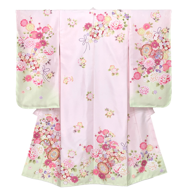 七五三 着物 2025年新作 7歳 絵羽柄の四つ身の子供着物(合繊) 単品