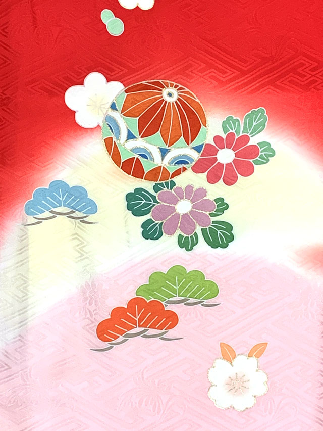 七五三 7歳 女の子用 正絹 絵羽付け 手描 金駒刺繍 四つ身の着物【赤