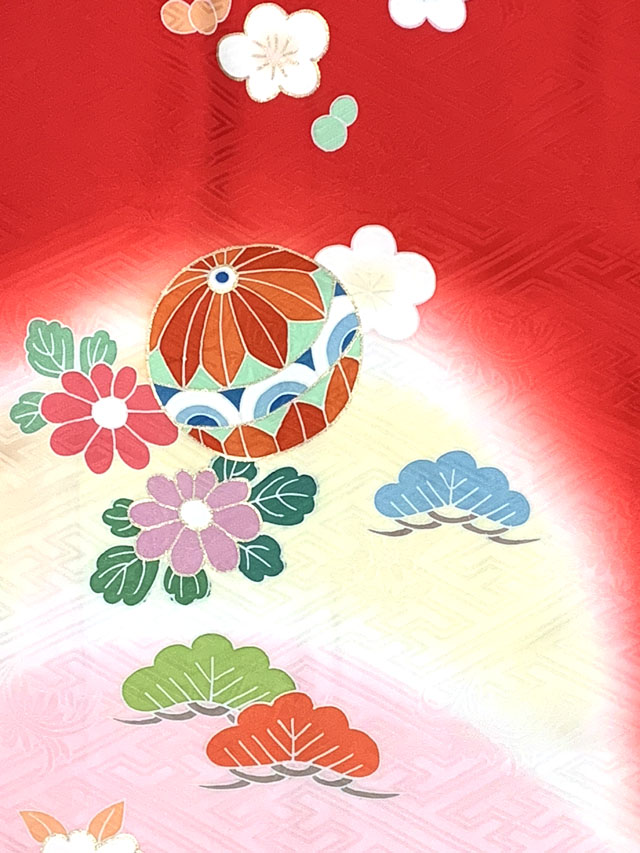 七五三 7歳 女の子用 正絹 絵羽付け 手描 金駒刺繍 四つ身の着物【赤