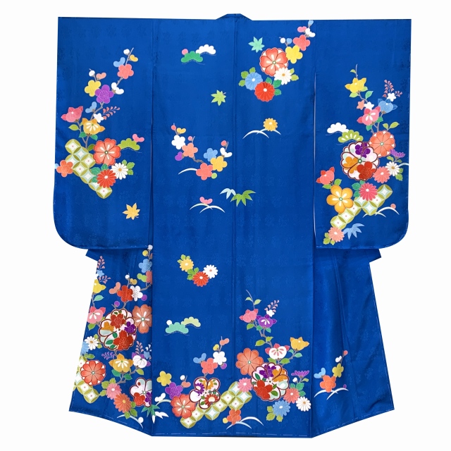 七五三 7歳 着物 女の子用 正絹 手描 盛金加工 金駒刺繍 古典柄 絵羽